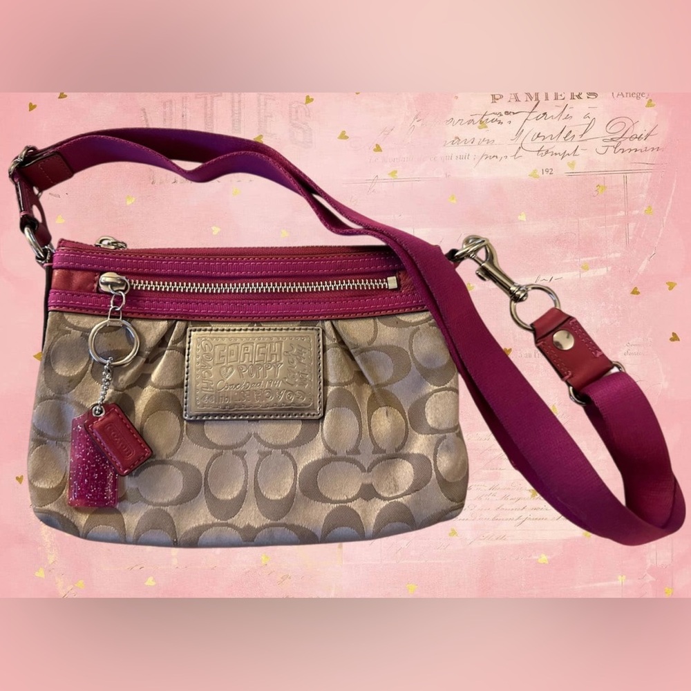 Coach Poppy Signature C Crossbody in Tan with Fuchsia- RARE Y2K Vintage